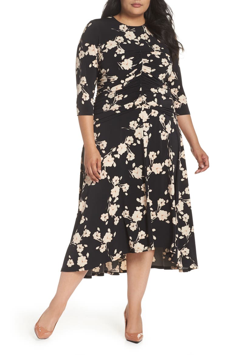 Ruched Floral Midi Dress, Main, color, BLACK/ CORAL