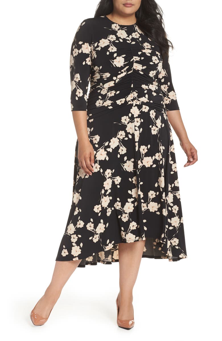 Maggy London Ruched Floral Midi Dress, Main, color,