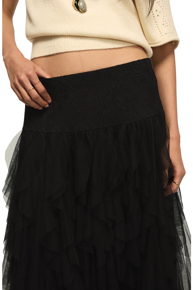 Lace Yoke Ruffle Maxi Skirt, Alternate, color, CAVIAR