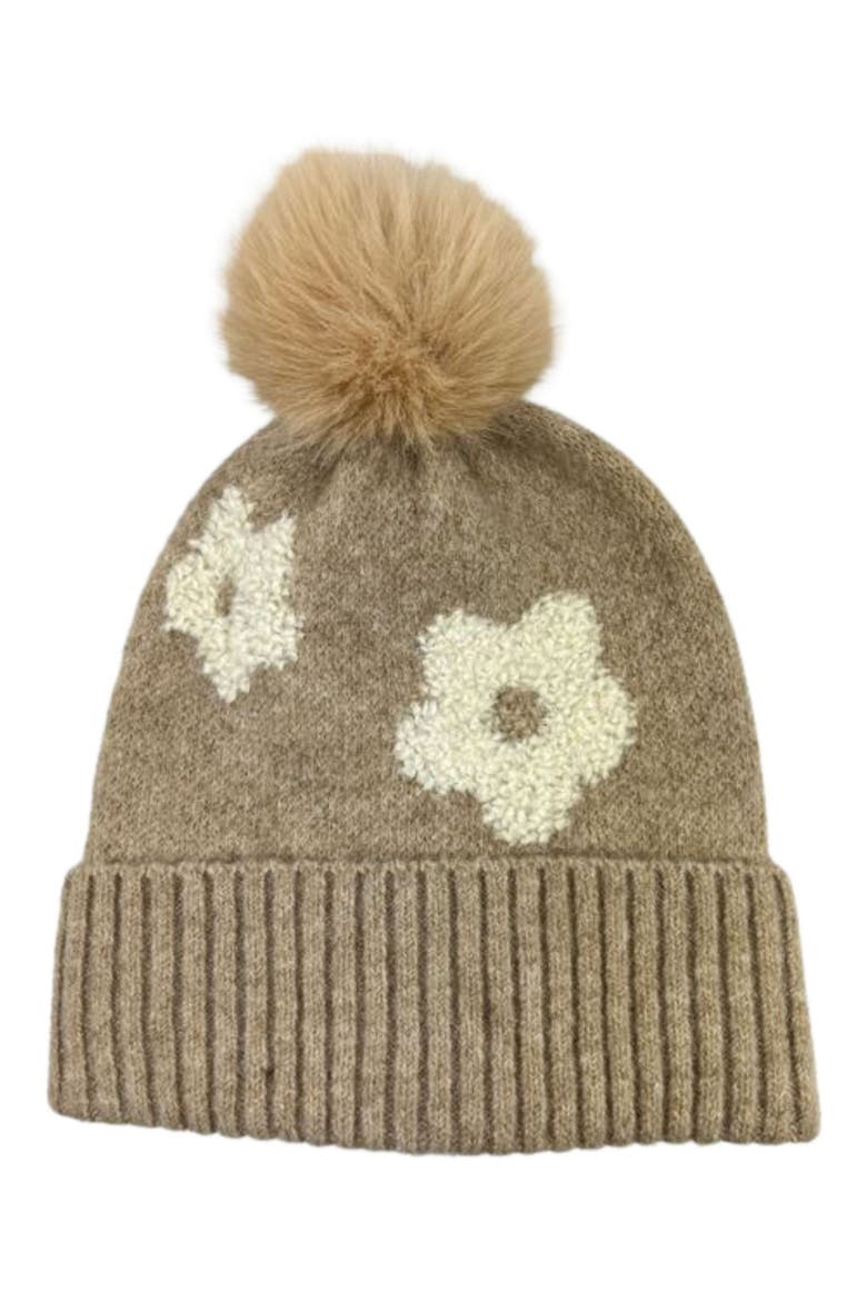 Flower Faux Fur Pompom Beanie, Main, color, CAMEL
