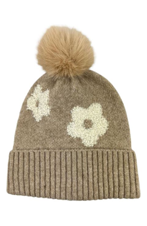 Flower Faux Fur Pompom Beanie
