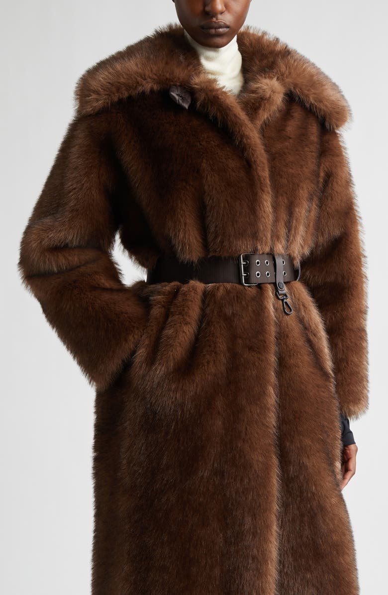 Moncler Grenoble Arly Belted Down Faux Fur Long Coat, Alternate, color, Brown