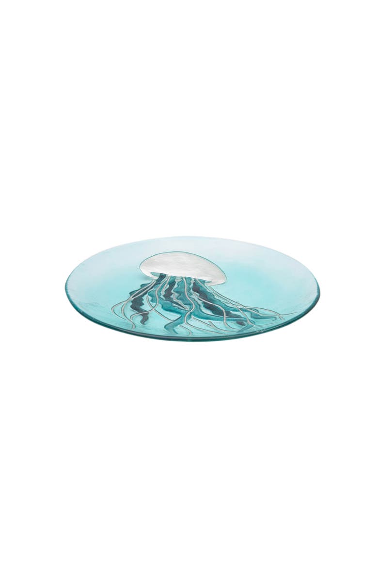 Sea Glass Sand Jellyfish Slump Glass Coastal Decorative Dish Plate 14", Alternate, color, Blue