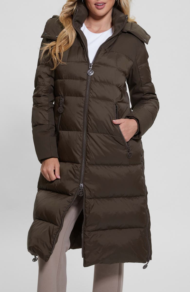 GUESS Carolyn Long Down Puffer Coat with Removable Hood, Main, color, 