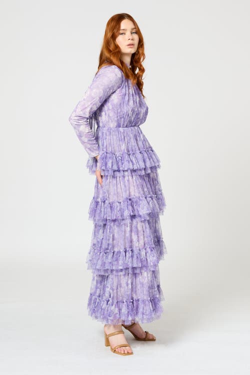 Shop Maryisa Occasion Modest Ruffle Floral Print Long Sleeves Evening Dress In Multicolor