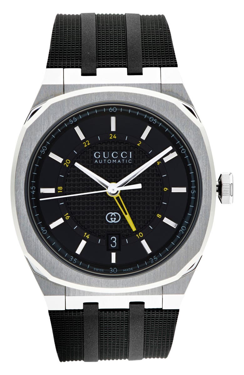 Gucci 25H Automatic Rubber Strap Watch, 40mm, Main, color, Black