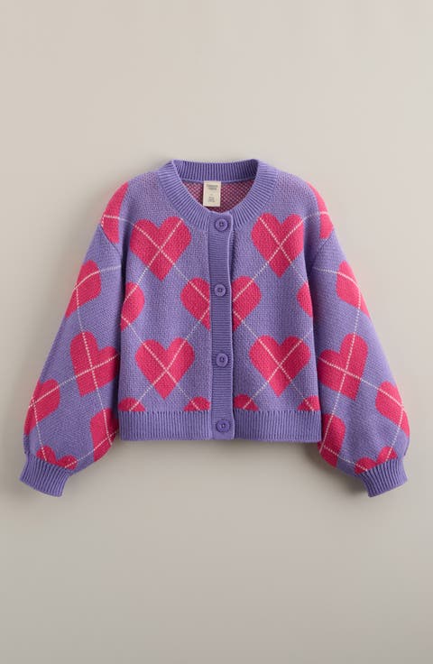 Kids' Heart Argyle Cotton Blend Jacquard Cardigan