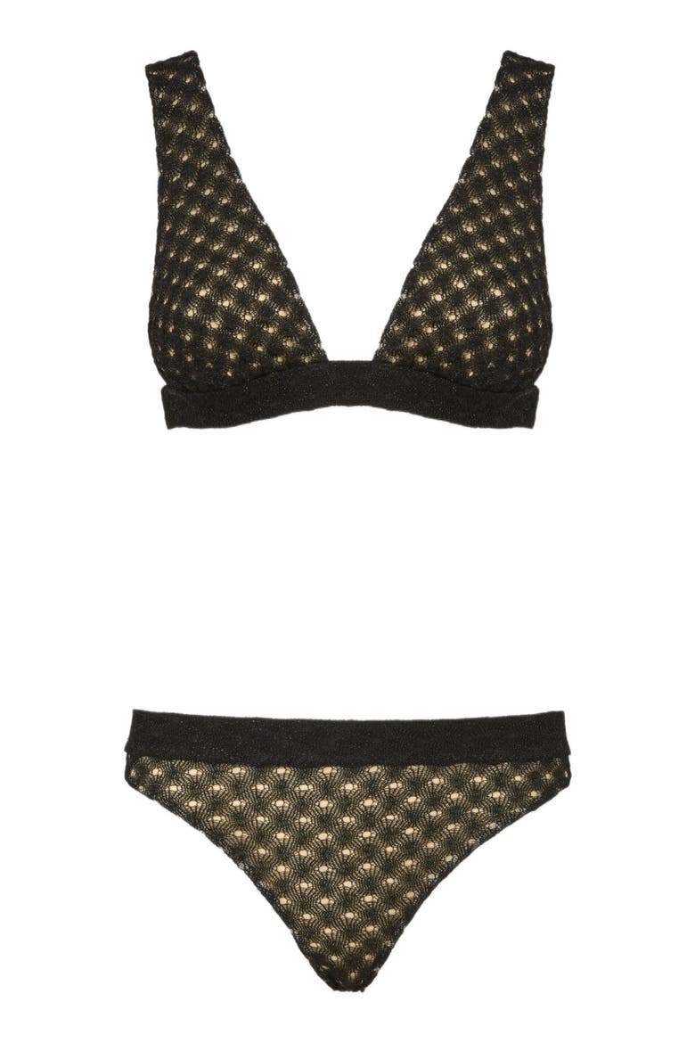 Bralette Bikini In Lamé Viscose With Raschel Workmanship, Alternate, color, Black