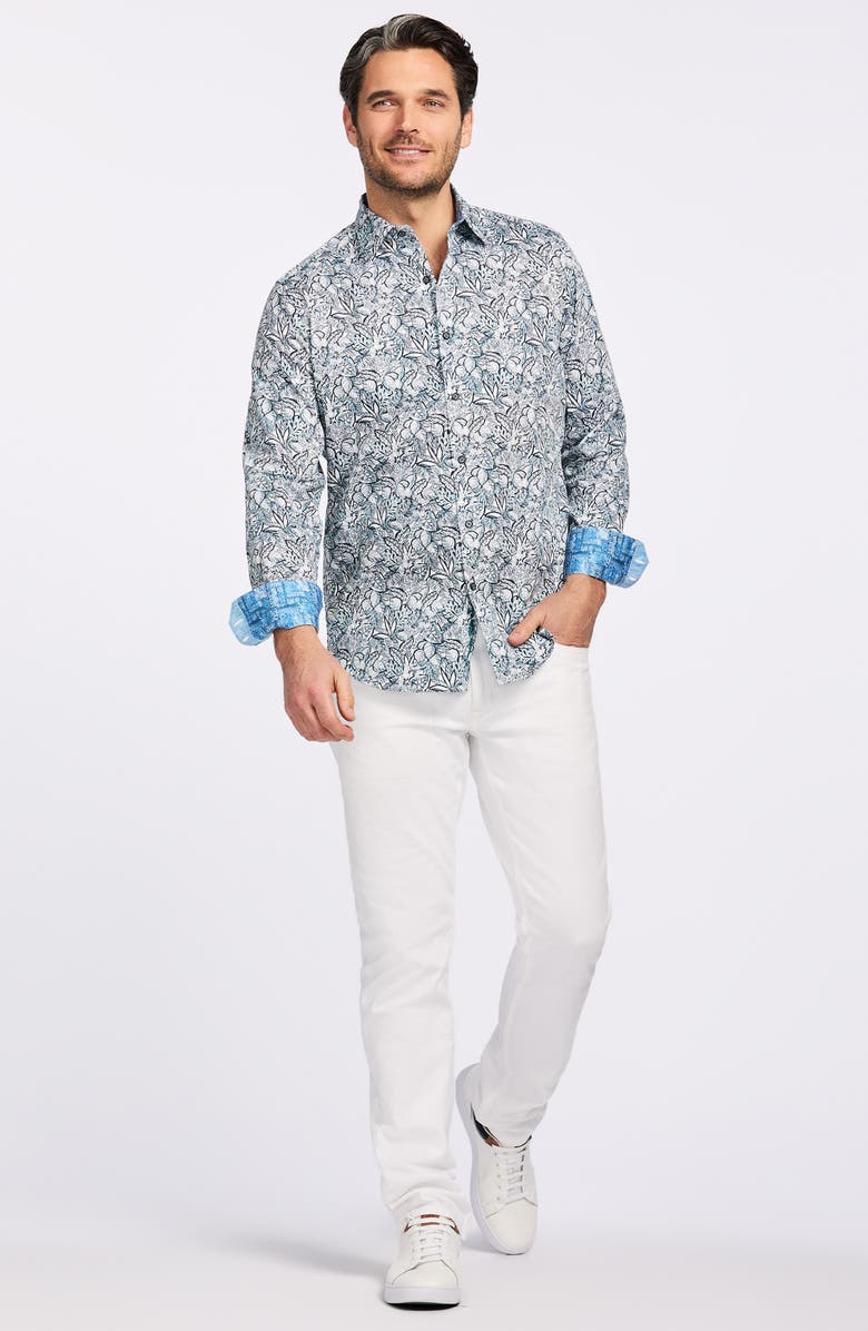 Robert Graham Frond Print Cotton Button-Up Shirt, Alternate, color, Teal