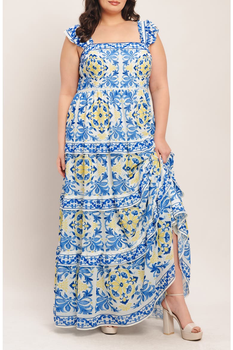 Ruffle Strap Tiered Maxi Dress, Alternate, color, OFF WHITE BLUE