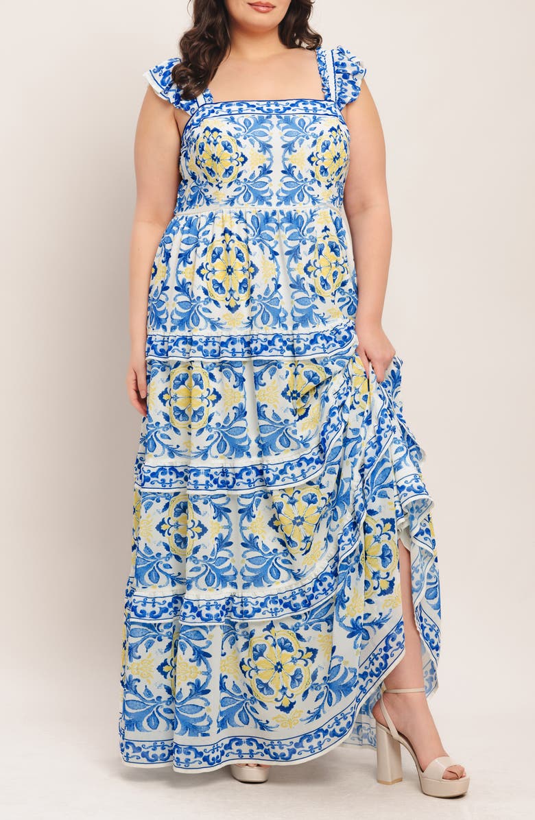 FLYING TOMATO Ruffle Strap Tiered Maxi Dress, Alternate, color, Off White Blue