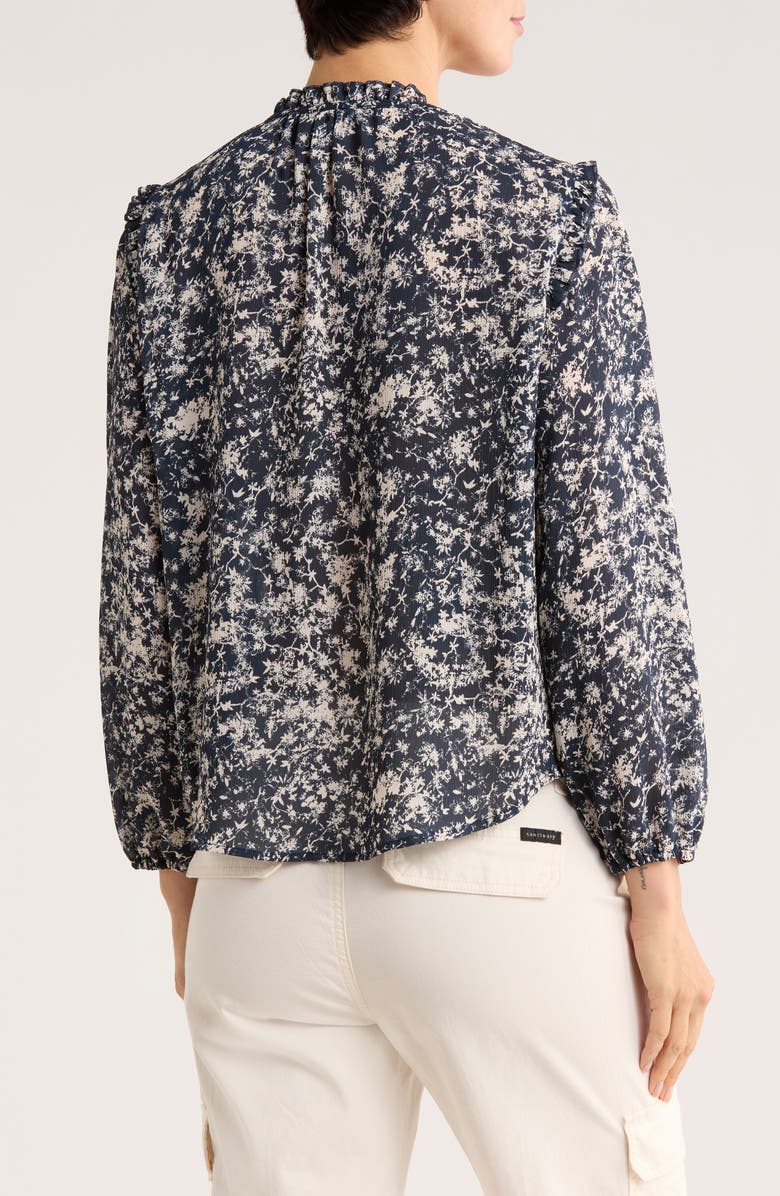 Adrianna Papell Ruffle Split Neck Long Sleeve Button-Up Shirt, Alternate, color, Midnight Garden