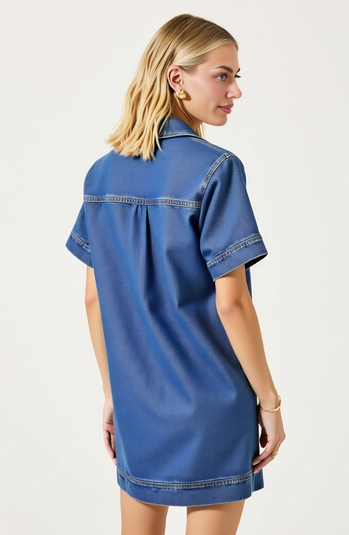 Modenaire Denim Mini Shirt Dress With Short Sleeves And Chest Patch Pockets In Blue