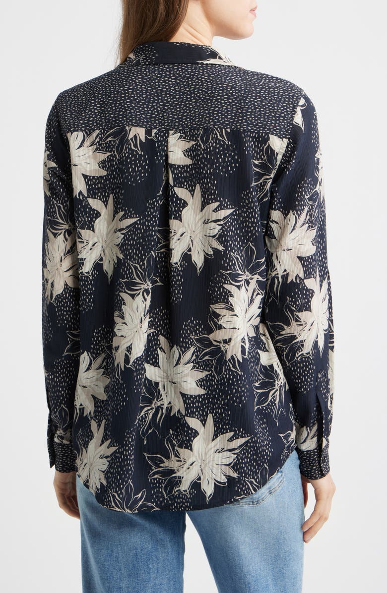 APNY Print Roll Tab Sleeve Chiffon Button-Up Shirt, Alternate, color, Black Mult