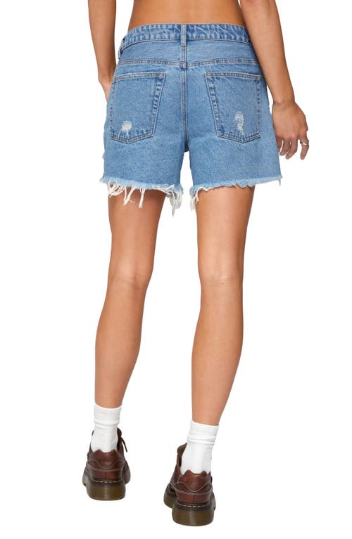 Edikted Cale Distressed Low Rise Cutoff Denim Shorts In Blue