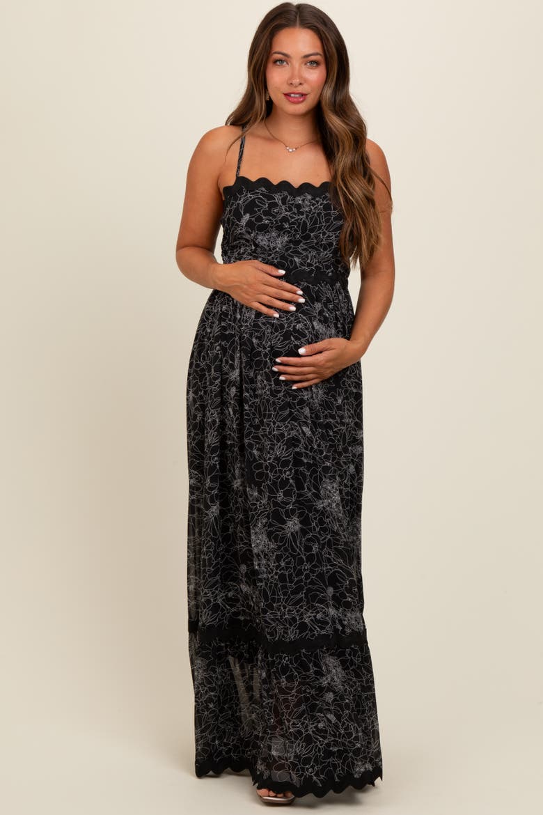 Floral Contrast Trim Maxi Dress, Alternate, color, Black