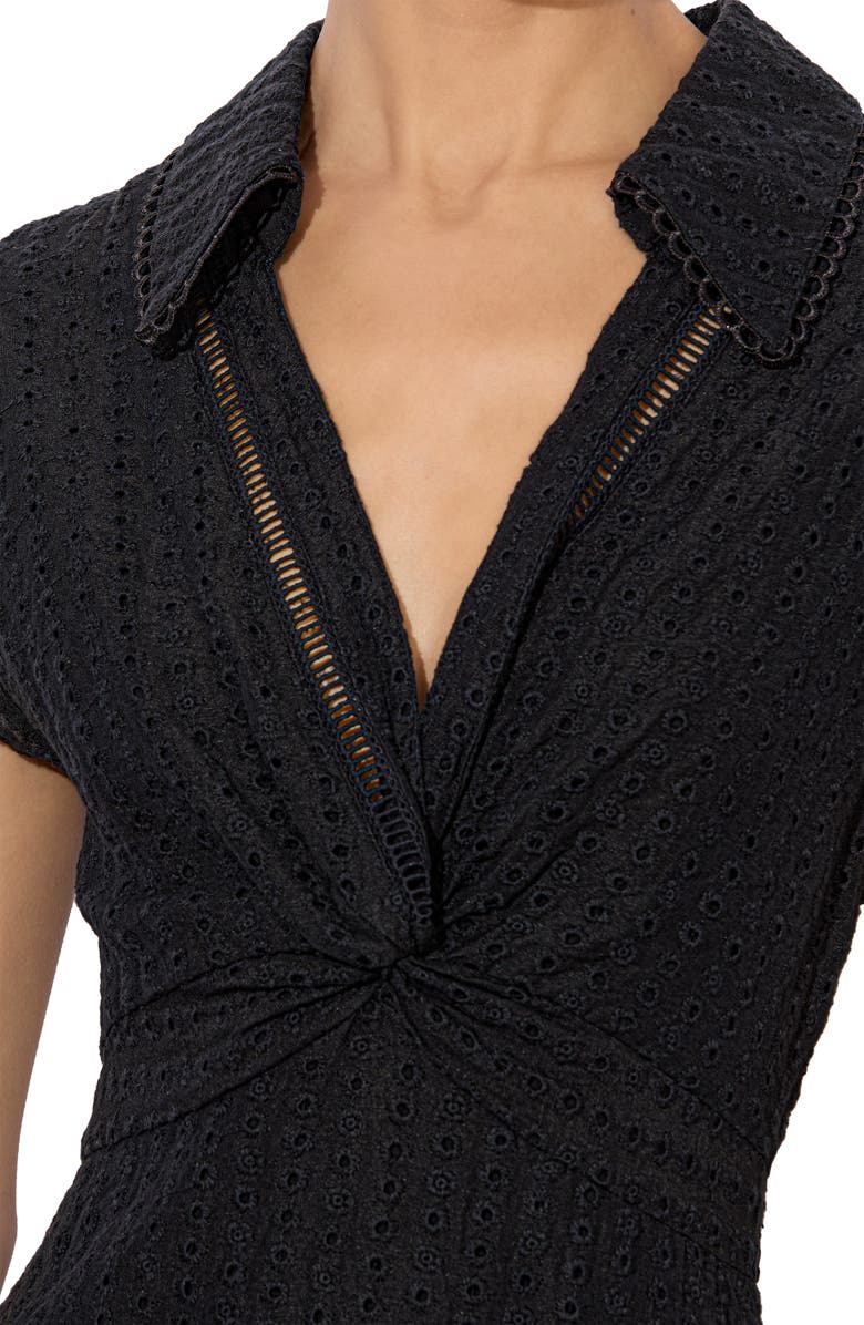 Alice + Olivia Mila Deep V-Neck Cotton & Linen Eyelet Minidress, Alternate, color, Black