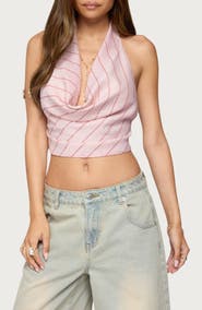 EDIKTED Stripe Cowl Neck Halter Crop Top