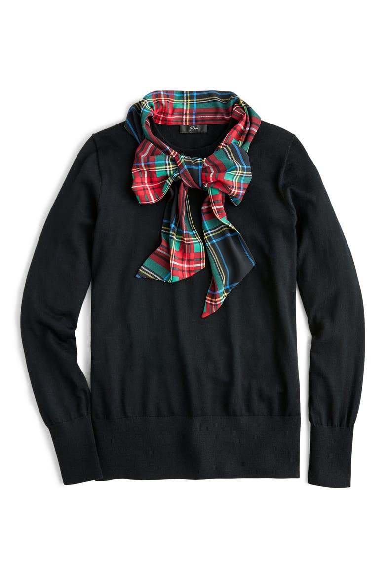 Scarf Tie Mock Neck Sweater, Alternate, color, BLACK W/ BLACKWATCH TIE
