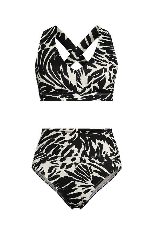Lands' End Plus Size V-neck Tankini And High Waisted Bottom Swimsuit Set In Black/egret White Leaf Scroll