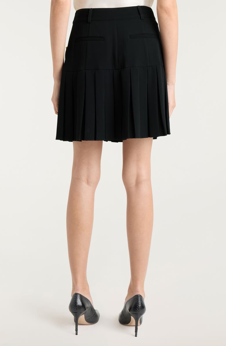 Cinq à Sept Brooch Embellished Pleated Miniskirt, Alternate, color, Black