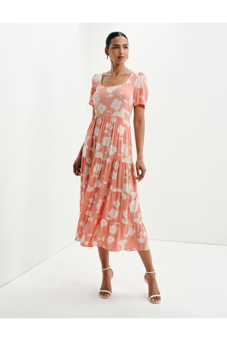 Teresa Floral Print Tiered Midi Dress, Main, color, Coral Floral