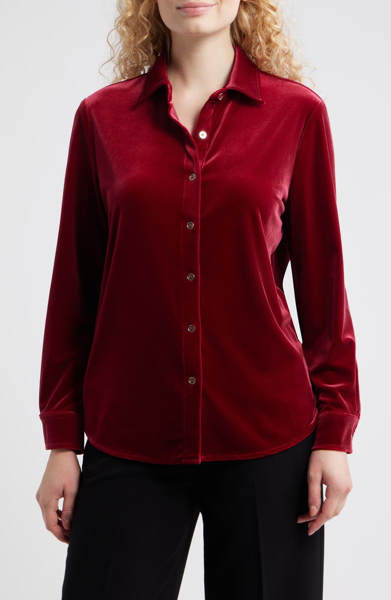 AK ANNE KLEIN Long Sleeve Velvet Button-Up Shirt, Main, color, Red Ruby