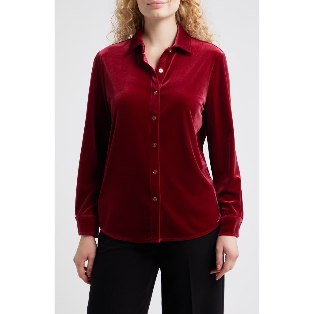 Ak Anne Klein Long Sleeve Velvet Button-up Shirt In Burgundy