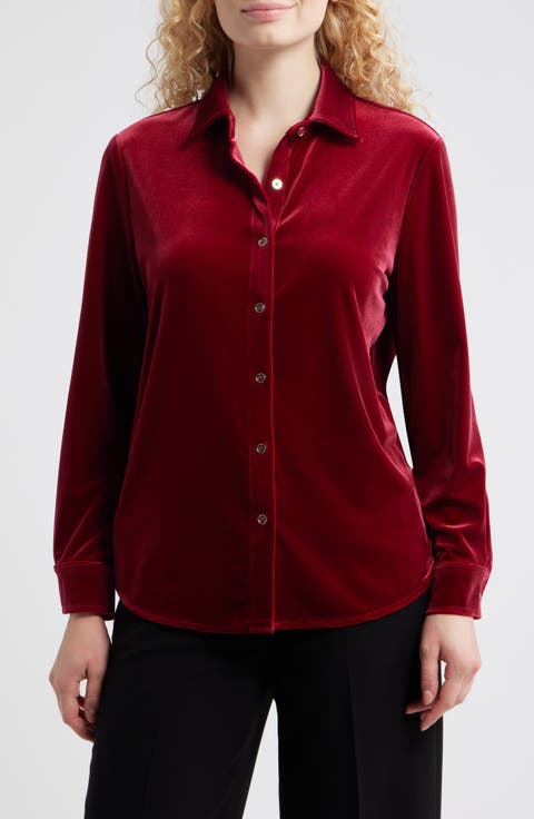 AK ANNE KLEIN Long Sleeve Velvet Button-Up Shirt (Petite)