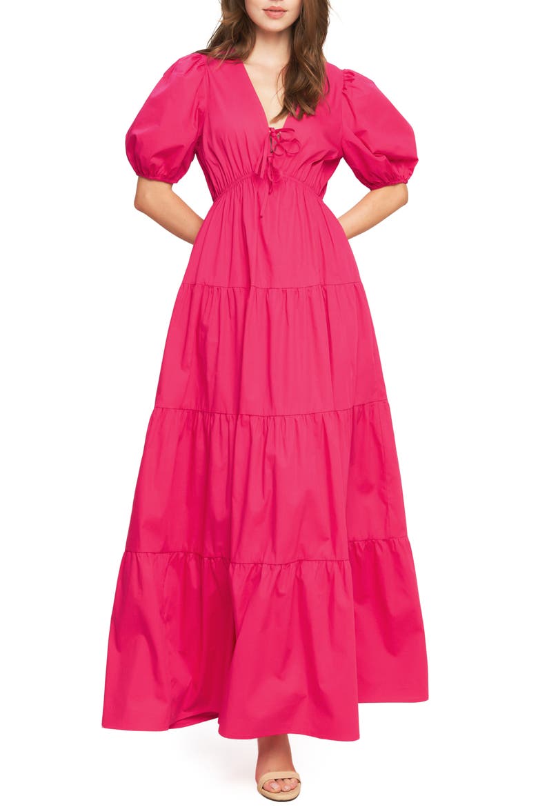 Puff Sleeve Tiered Maxi Dress, Main, color, FUCHSIA