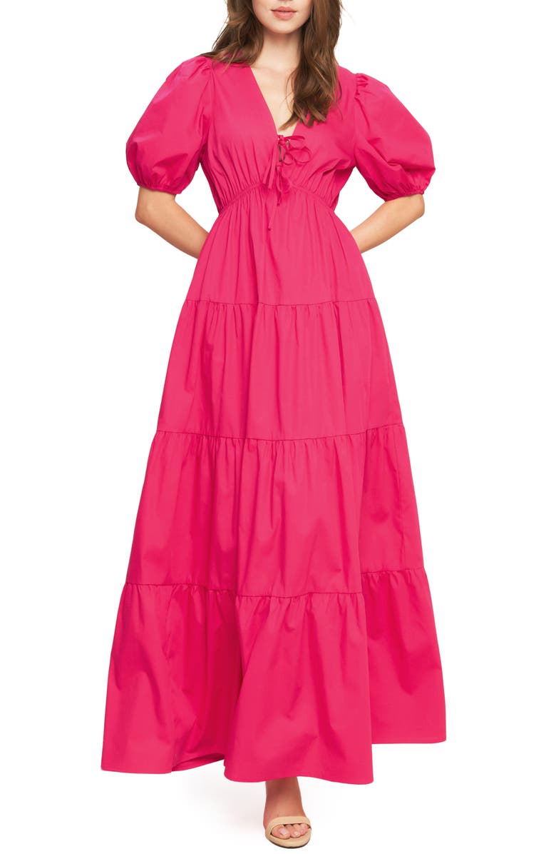 FLYING TOMATO Puff Sleeve Tiered Maxi Dress, Main, color, Fuchsia