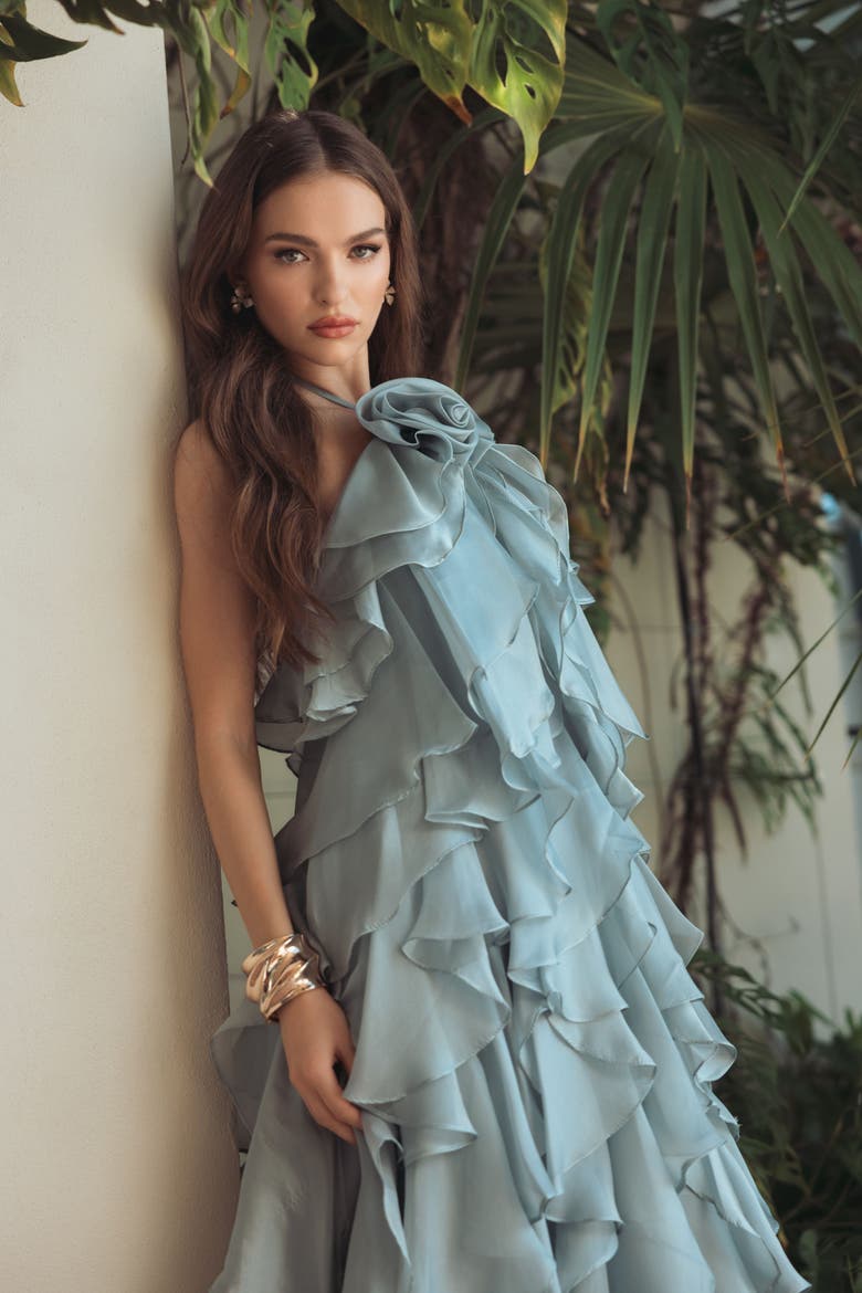Organza Halter Neck Open Back Ruffle Gown, Alternate, color, Mint