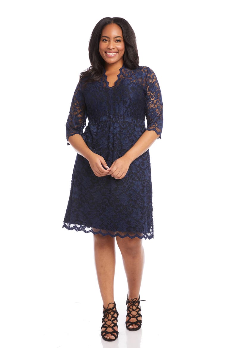 Scalloped Stretch Lace Dress, Alternate, color, NAVY