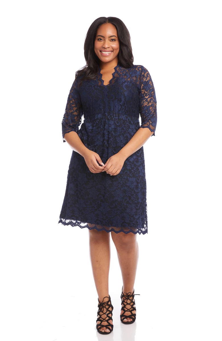 Karen Kane Scalloped Stretch Lace Dress, Alternate, color, Navy