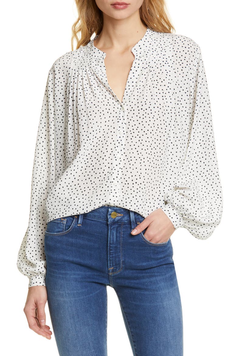 Polka Dot Pleated Silk Blouse (Nordstrom Exclusive), Main, color, OFF WHITE MULTI