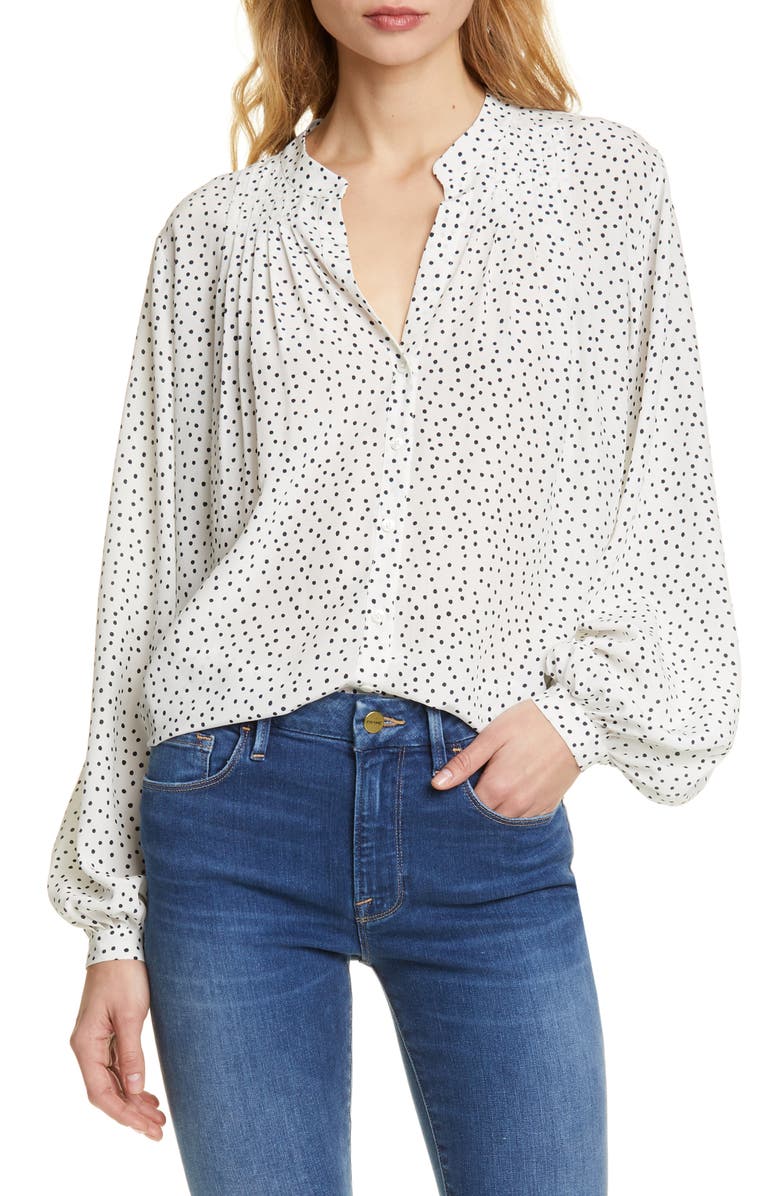FRAME Polka Dot Pleated Silk Blouse, Main, color,