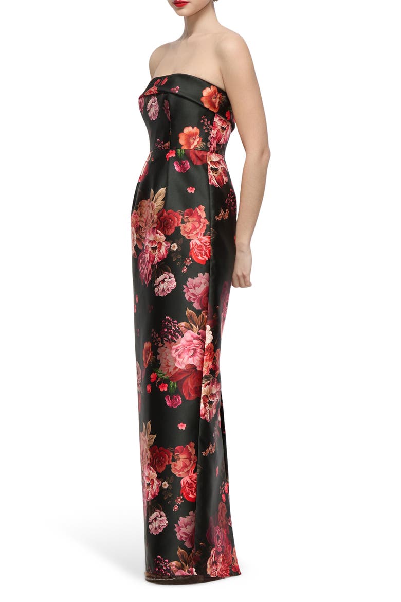 Maye Floral Strapless Satin Column Gown, Alternate, color, WINE BLACK MULTI