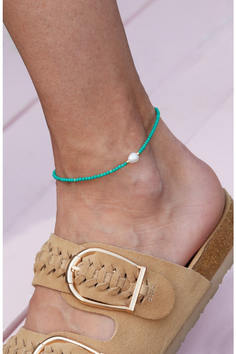 Turquoise & Imitation Pearl Anklet, Alternate, color, TURQUOISE