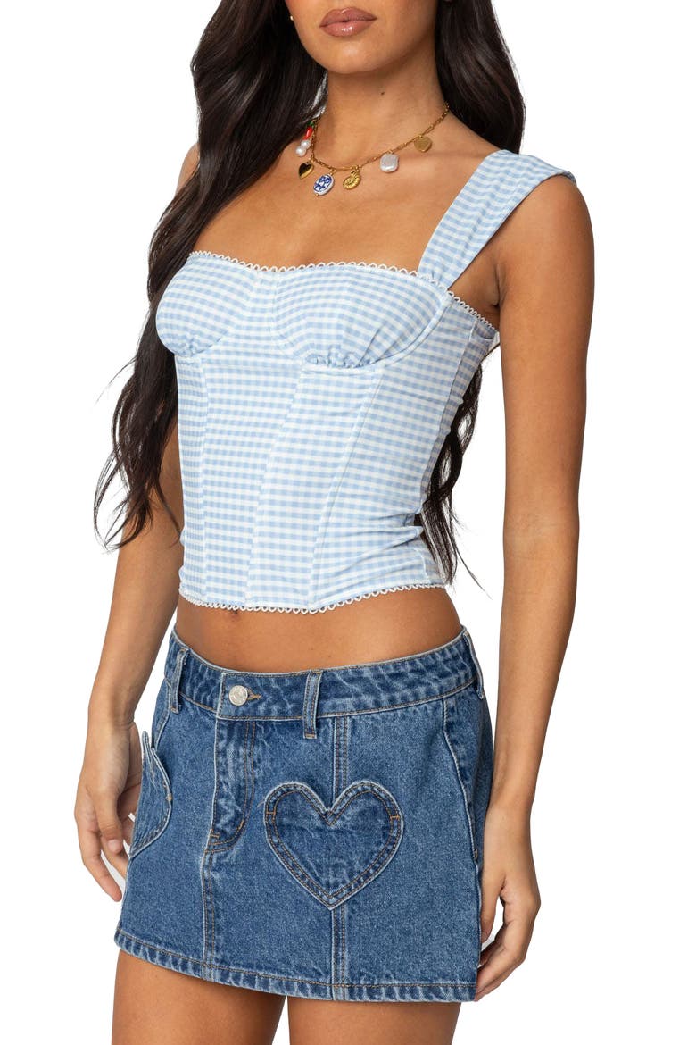 Marcella Gingham Mesh Corset Top, Alternate, color, LIGHT-BLUE
