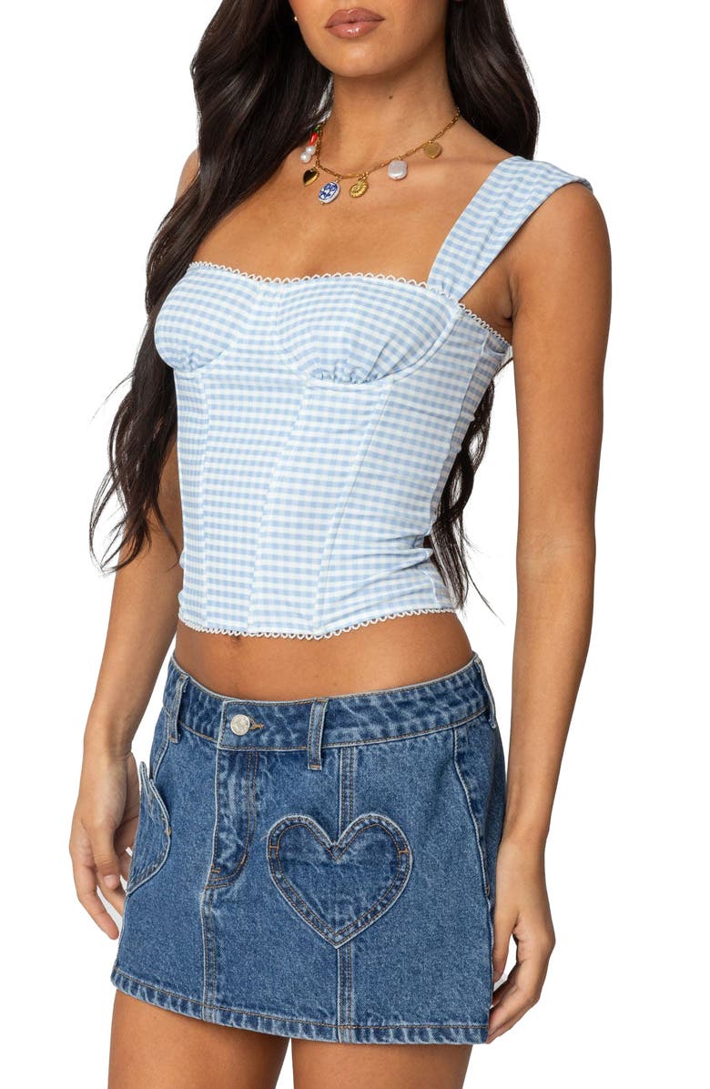 EDIKTED Marcella Gingham Mesh Corset Top, Alternate, color, Light-Blue