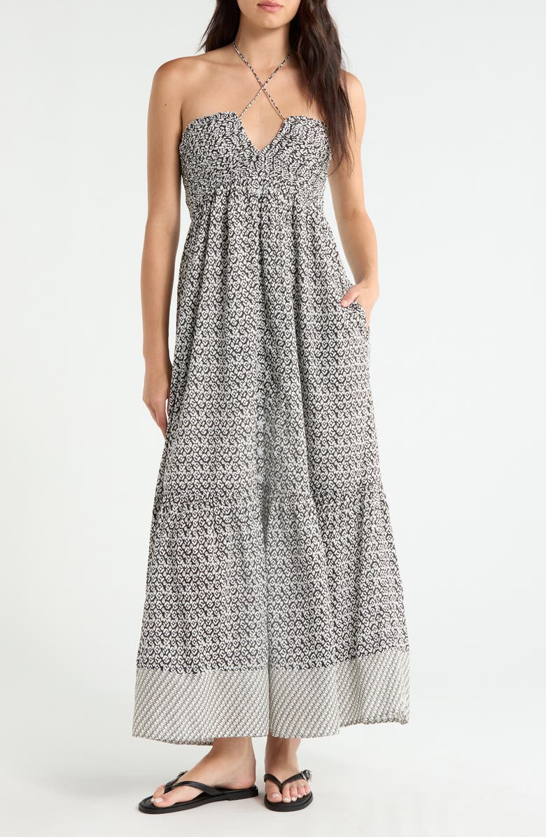 Elan Strapless Border Print Tiered Maxi Dress, Main, color,