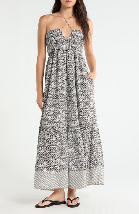 Strapless Border Print Tiered Maxi Dress
