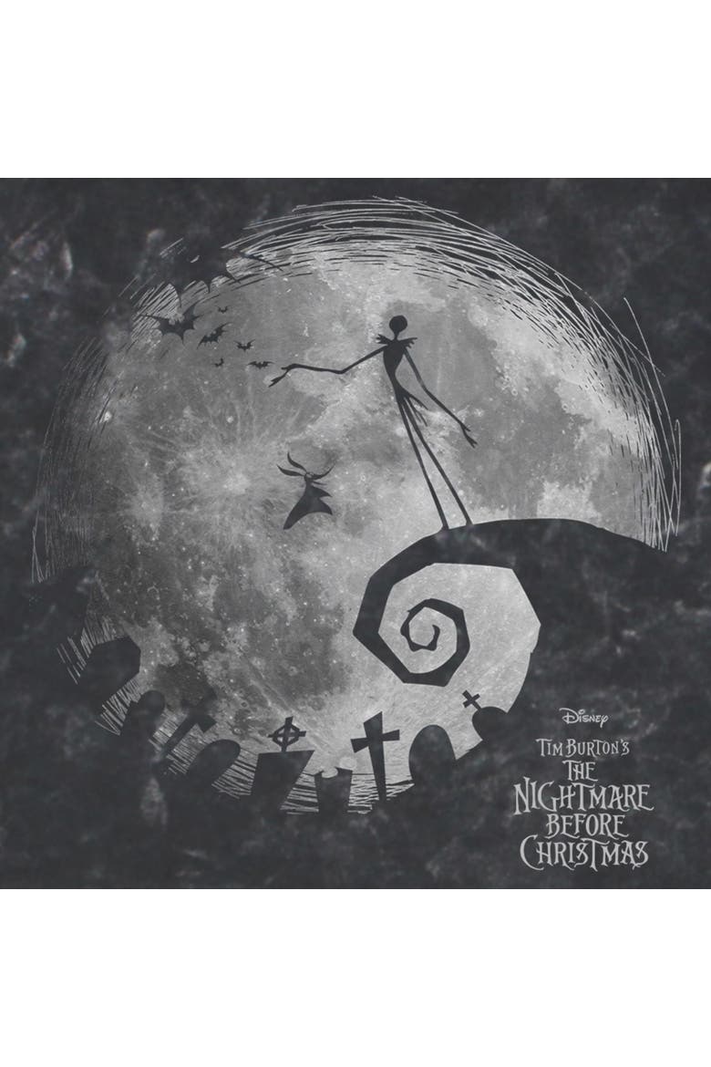 Mens The Nightmare Before Christmas Black and White Moon Scene T Shirt, Alternate, color, Black