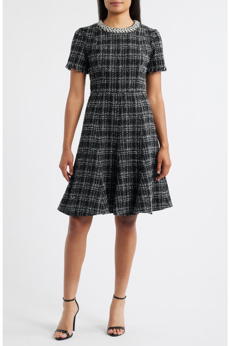 Rhinestone Trim Fit & Flare Tweed Dress, Main, color, BLACK