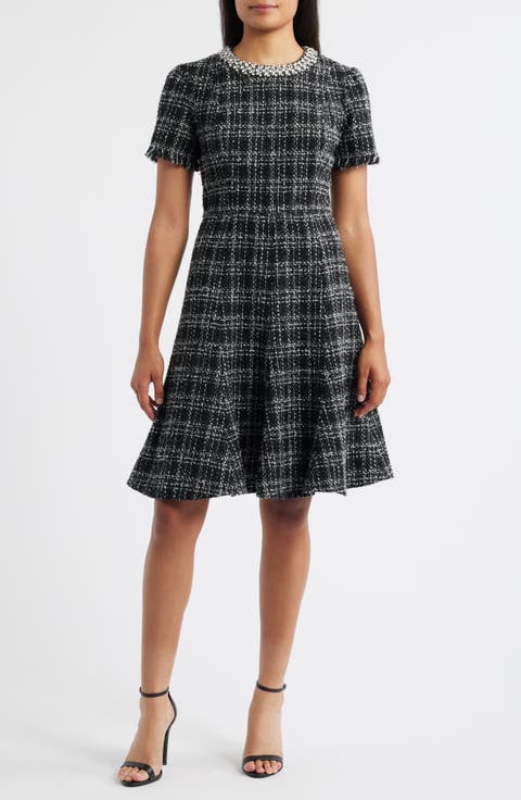 Rhinestone Trim Fit & Flare Tweed Dress