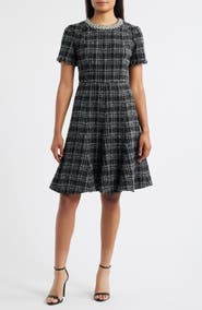 Eliza J Rhinestone Trim Fit & Flare Tweed Dress