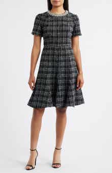 Eliza J Rhinestone Trim Fit & Flare Tweed Dress