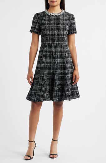 Eliza J Rhinestone Trim Fit & Flare Tweed Dress