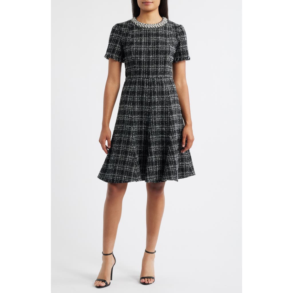 Eliza J Rhinestone Trim Fit & Flare Tweed Dress In Multi