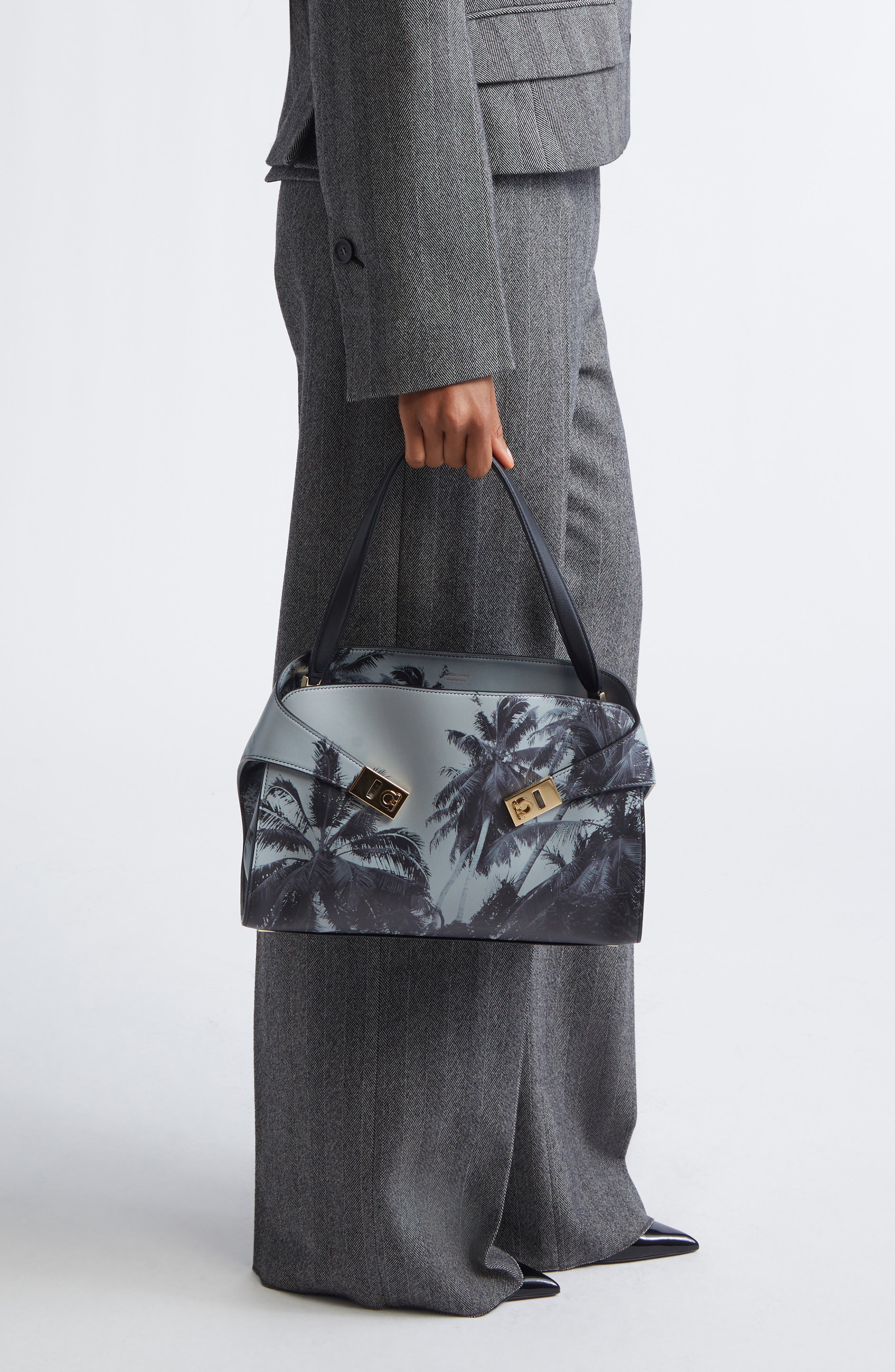 FERRAGAMO Medium Hug Palm Print Soft Leather Top Handle Bag, Alternate, color, Optic-White Nero